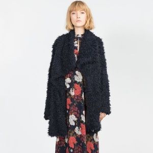 Zara Long Navy Faux Fur Coat